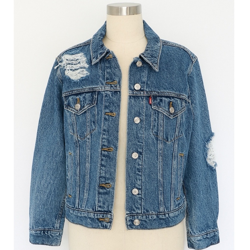 Levi Strauss Denim Jacket Womens Small Distressed Ripped Trucker Jean Casual